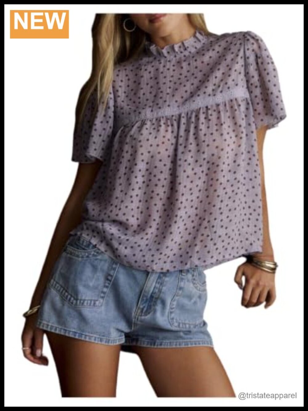Polka Dot Mock Neck Puff Sleeve Babydoll Blouse Chiffon Retro Top
